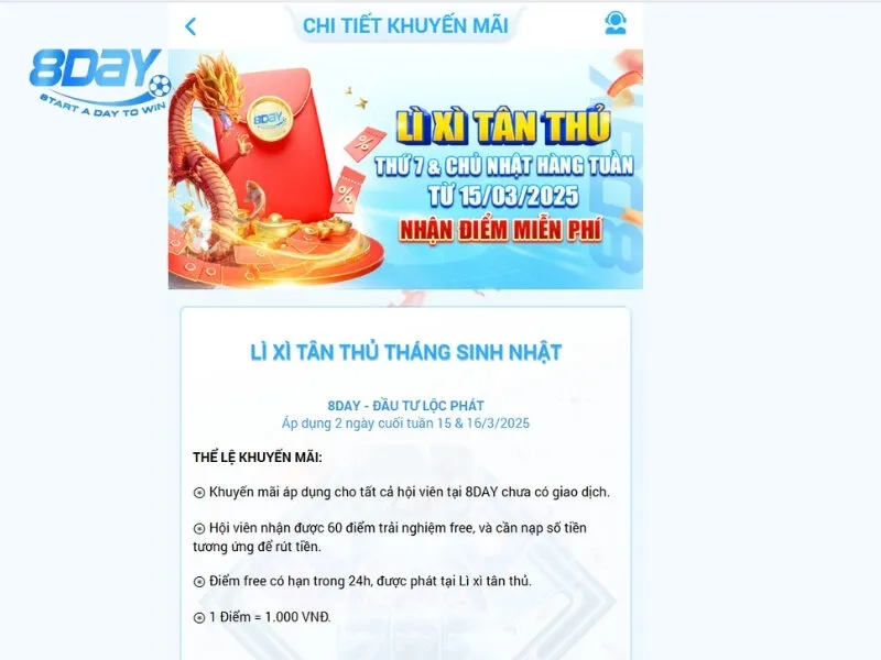 Chương trình ưu đãi lì xì hồng bào tân thủ tháng sinh nhật