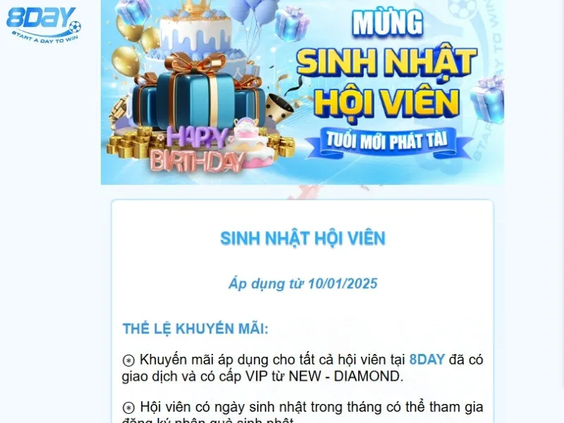 Điều kiện nhận thưởng khuyến mãi thưởng sinh nhật hội viên